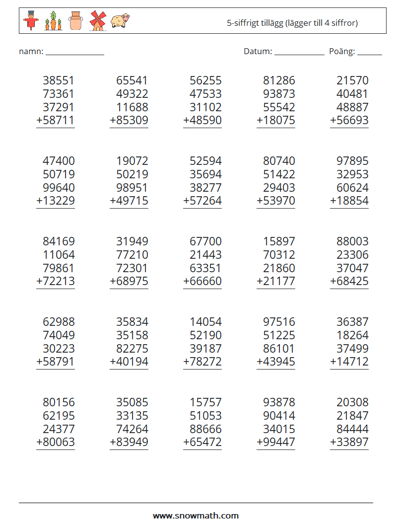 (25) 5-siffrigt tillägg (lägger till 4 siffror) Matematiska arbetsblad 15