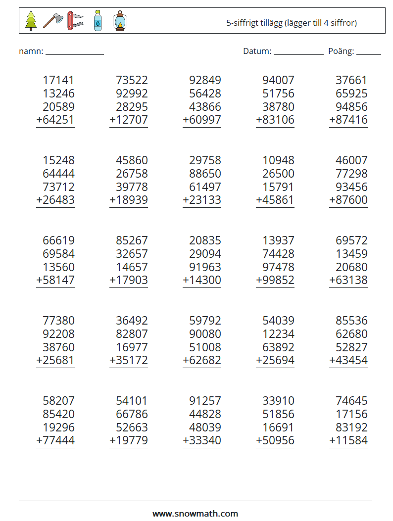 (25) 5-siffrigt tillägg (lägger till 4 siffror) Matematiska arbetsblad 17