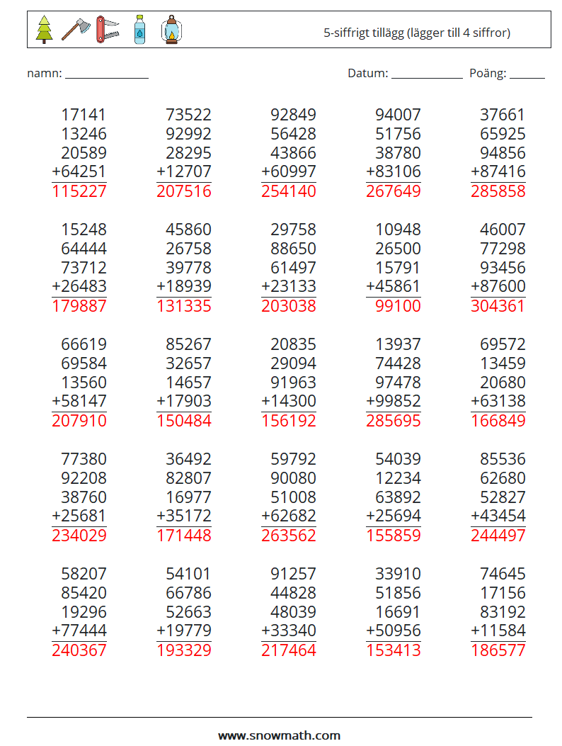 (25) 5-siffrigt tillägg (lägger till 4 siffror) Matematiska arbetsblad 17 Fråga, svar