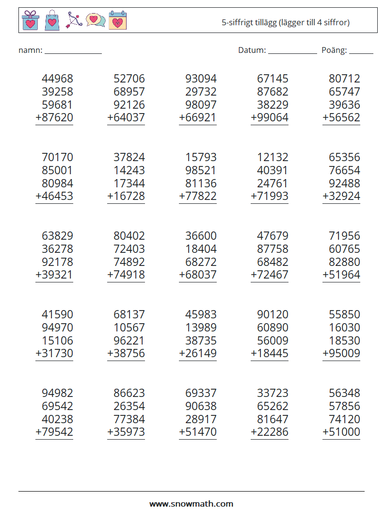 (25) 5-siffrigt tillägg (lägger till 4 siffror) Matematiska arbetsblad 18