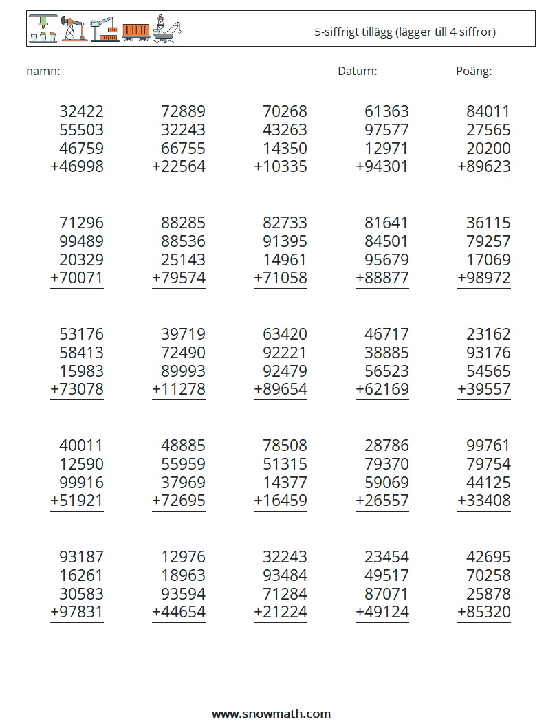 (25) 5-siffrigt tillägg (lägger till 4 siffror) Matematiska arbetsblad 2