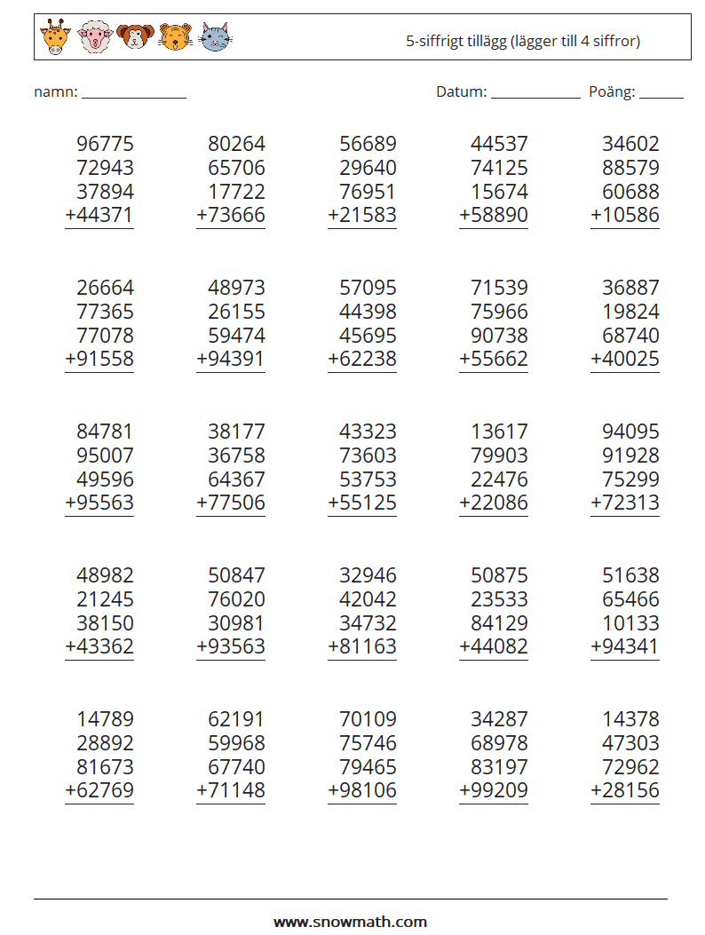 (25) 5-siffrigt tillägg (lägger till 4 siffror) Matematiska arbetsblad 3