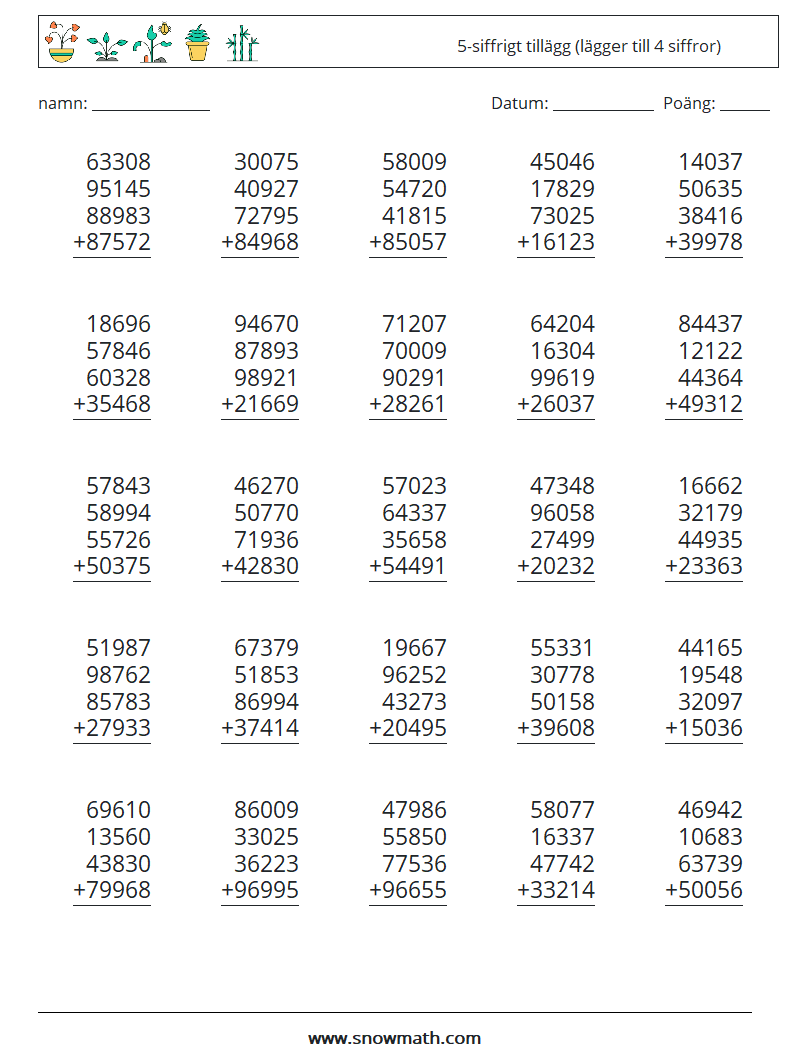 (25) 5-siffrigt tillägg (lägger till 4 siffror) Matematiska arbetsblad 4