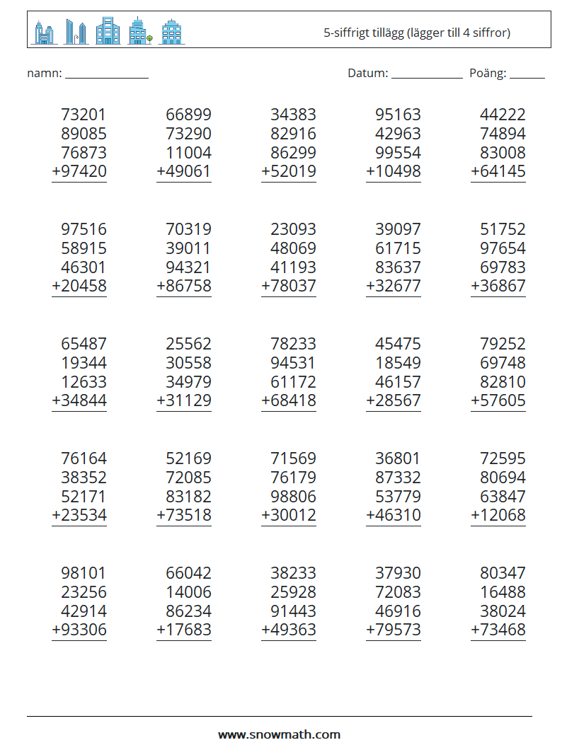 (25) 5-siffrigt tillägg (lägger till 4 siffror) Matematiska arbetsblad 5