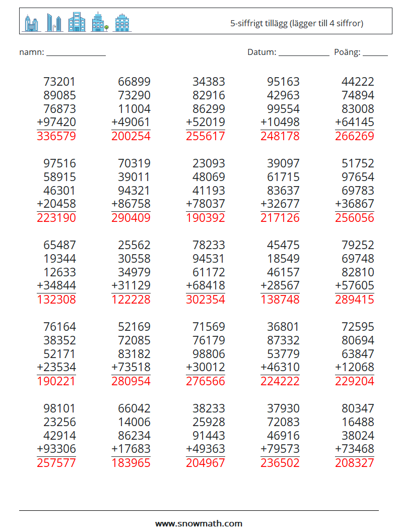 (25) 5-siffrigt tillägg (lägger till 4 siffror) Matematiska arbetsblad 5 Fråga, svar