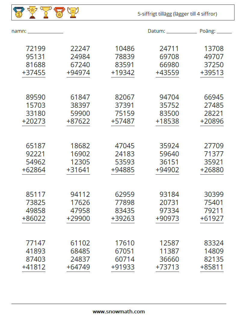 (25) 5-siffrigt tillägg (lägger till 4 siffror) Matematiska arbetsblad 6