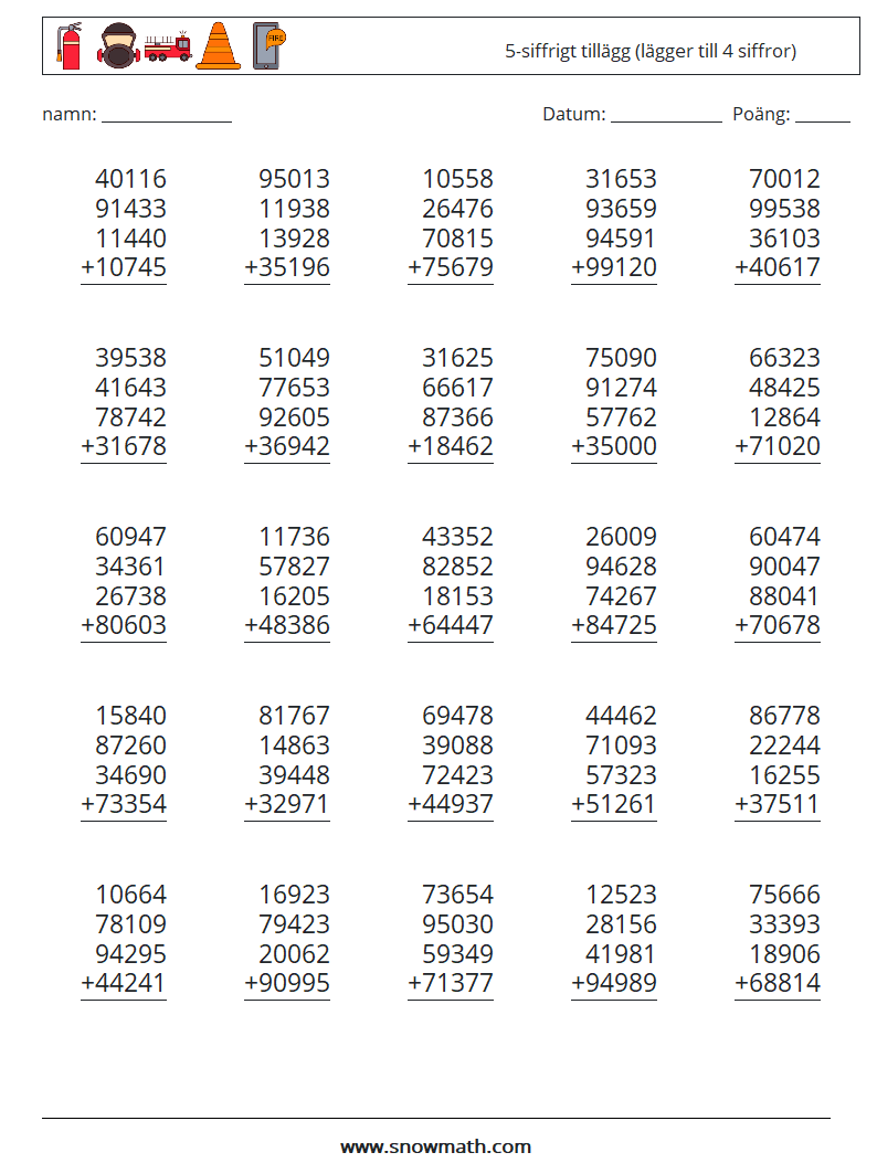 (25) 5-siffrigt tillägg (lägger till 4 siffror) Matematiska arbetsblad 9