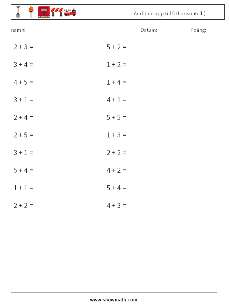 (20) Addition upp till 5 (horisontellt) Matematiska arbetsblad 1