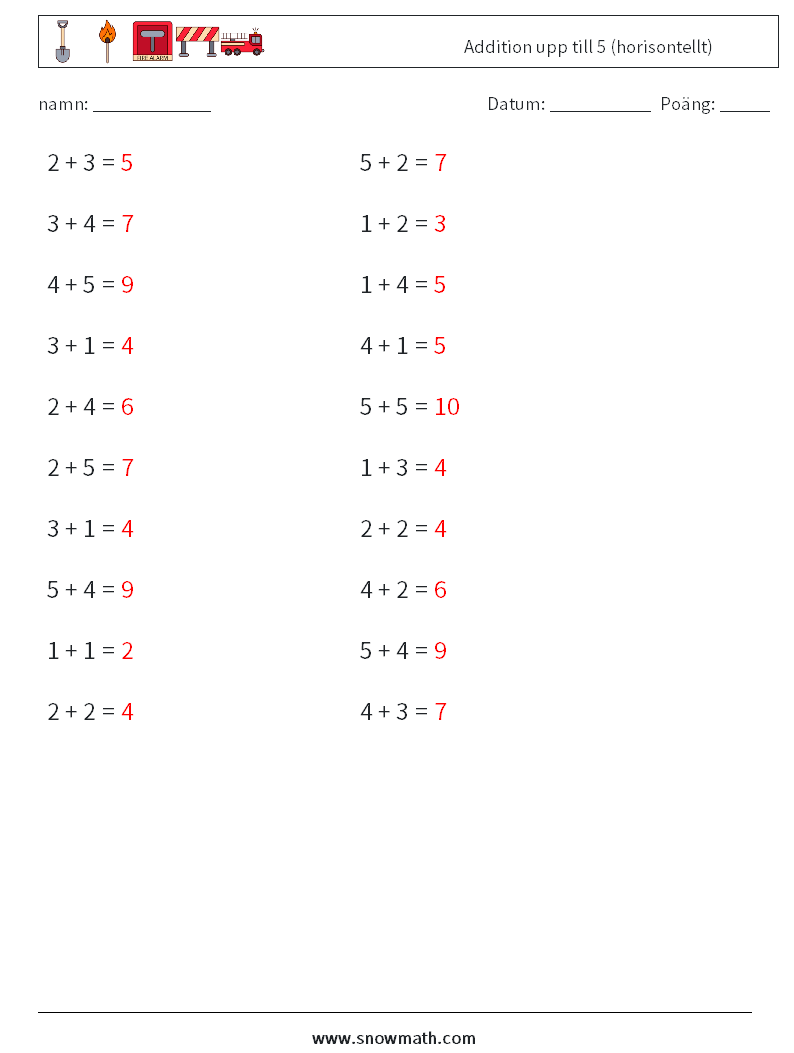 (20) Addition upp till 5 (horisontellt) Matematiska arbetsblad 1 Fråga, svar