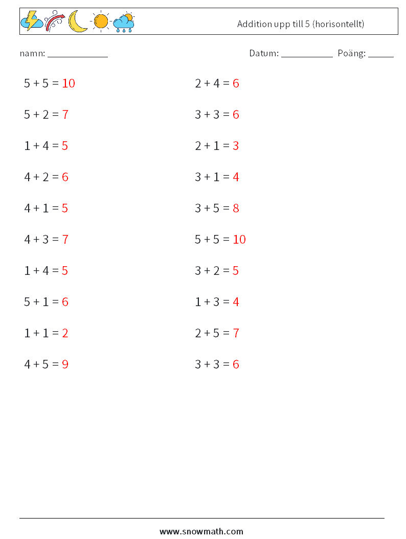 (20) Addition upp till 5 (horisontellt) Matematiska arbetsblad 2 Fråga, svar