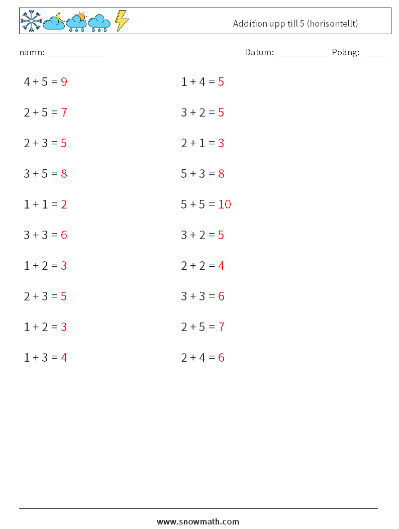 (20) Addition upp till 5 (horisontellt) Matematiska arbetsblad 3 Fråga, svar
