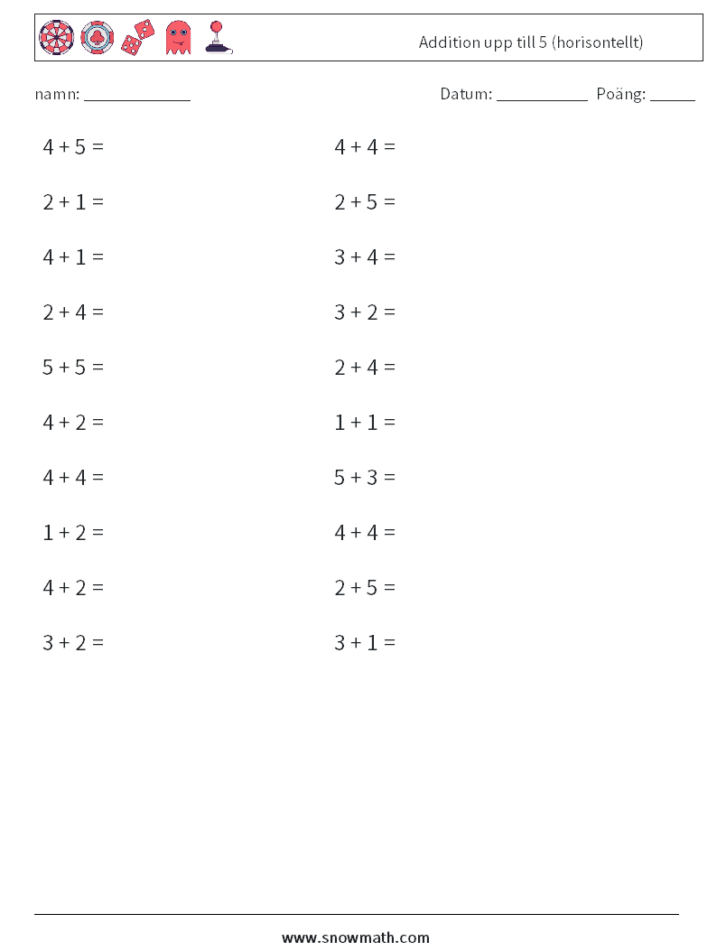 (20) Addition upp till 5 (horisontellt) Matematiska arbetsblad 4