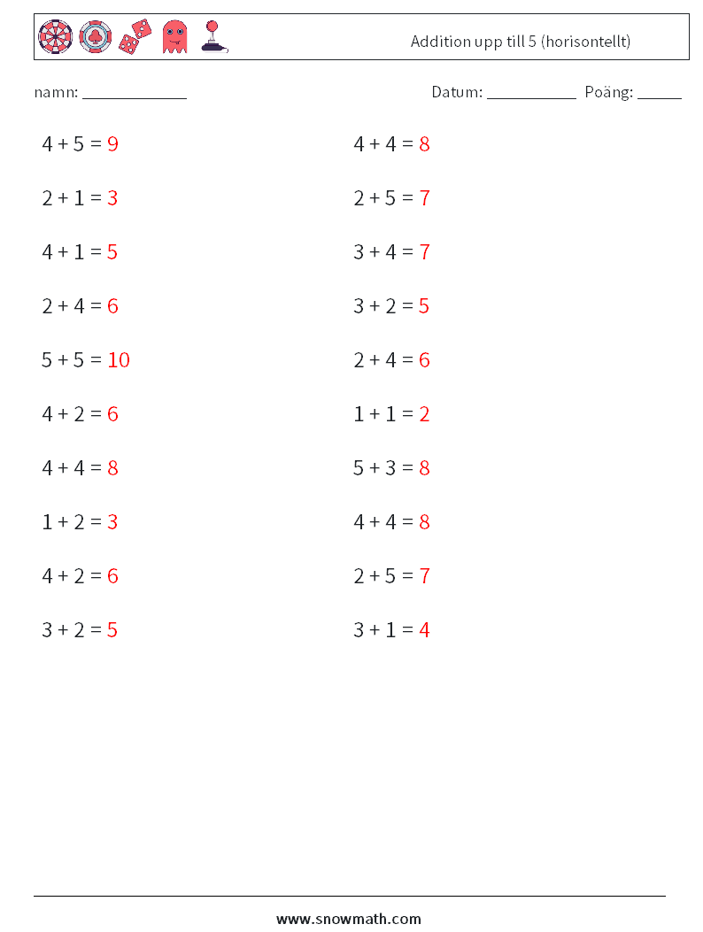 (20) Addition upp till 5 (horisontellt) Matematiska arbetsblad 4 Fråga, svar