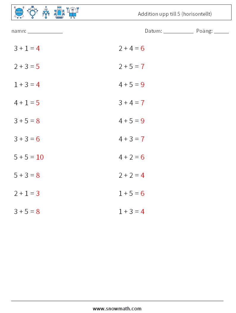 (20) Addition upp till 5 (horisontellt) Matematiska arbetsblad 5 Fråga, svar