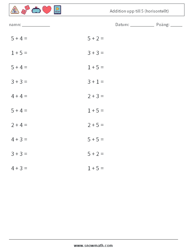(20) Addition upp till 5 (horisontellt) Matematiska arbetsblad 8