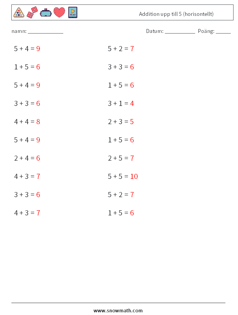(20) Addition upp till 5 (horisontellt) Matematiska arbetsblad 8 Fråga, svar