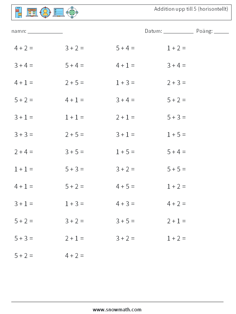 (50) Addition upp till 5 (horisontellt) Matematiska arbetsblad 1