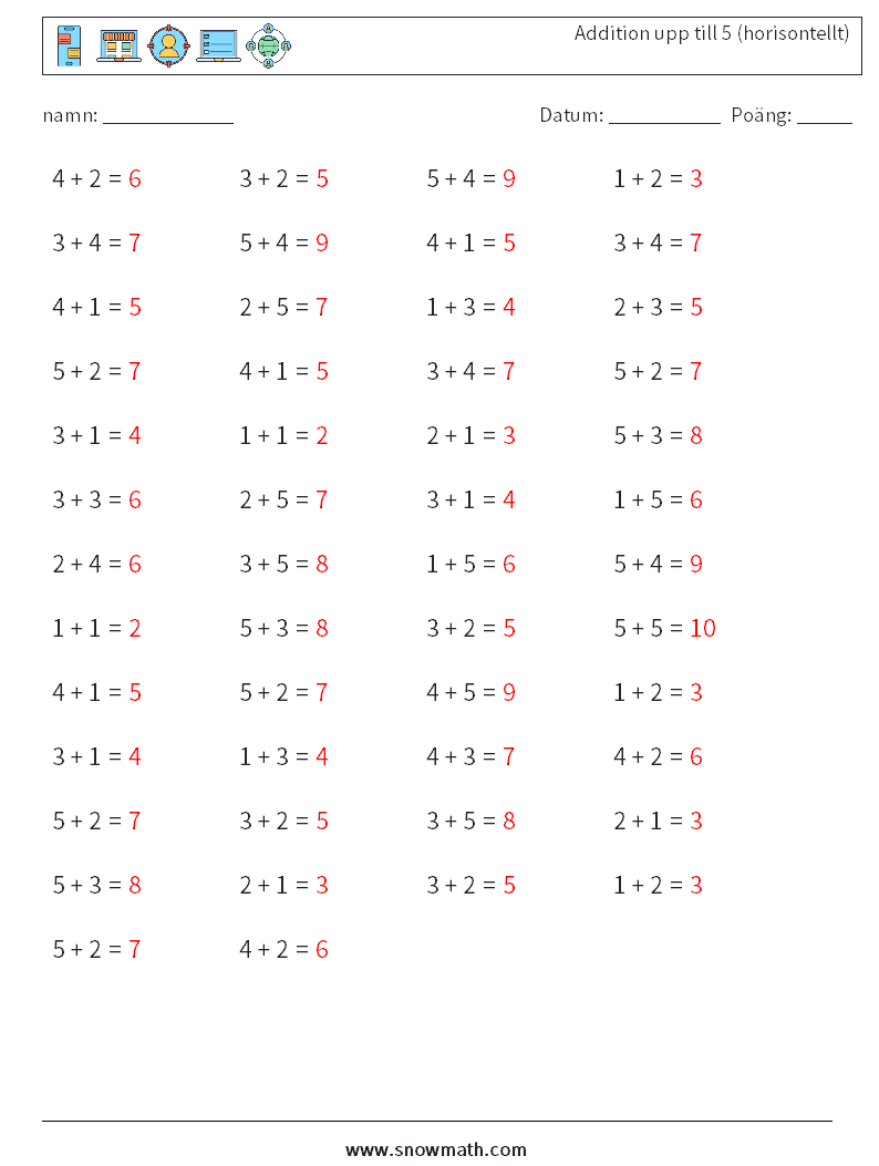 (50) Addition upp till 5 (horisontellt) Matematiska arbetsblad 1 Fråga, svar