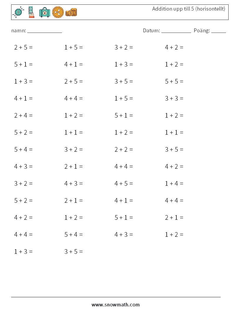 (50) Addition upp till 5 (horisontellt) Matematiska arbetsblad 2