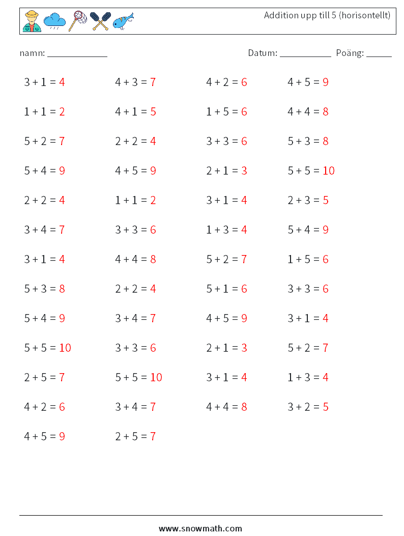 (50) Addition upp till 5 (horisontellt) Matematiska arbetsblad 3 Fråga, svar