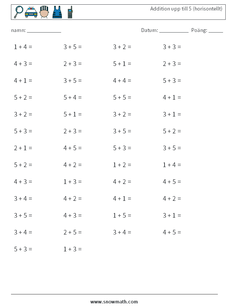 (50) Addition upp till 5 (horisontellt) Matematiska arbetsblad 4