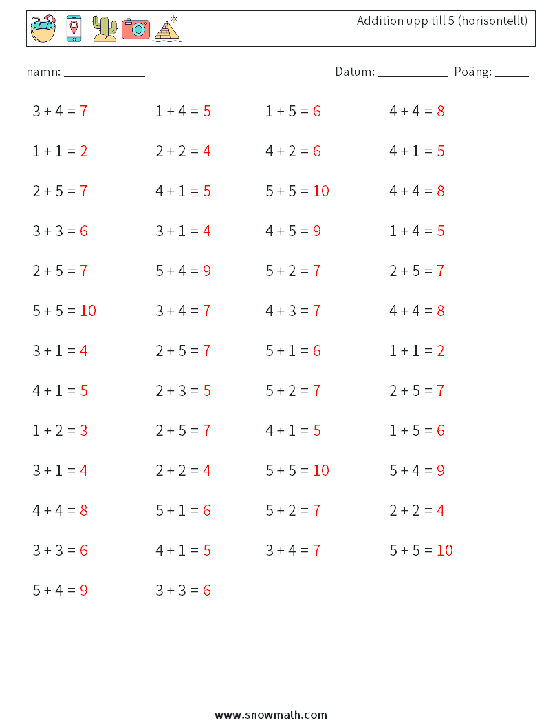 (50) Addition upp till 5 (horisontellt) Matematiska arbetsblad 5 Fråga, svar