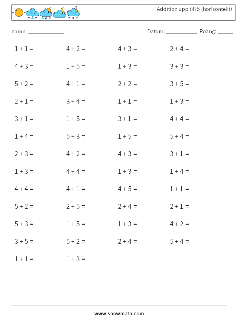 (50) Addition upp till 5 (horisontellt) Matematiska arbetsblad 6