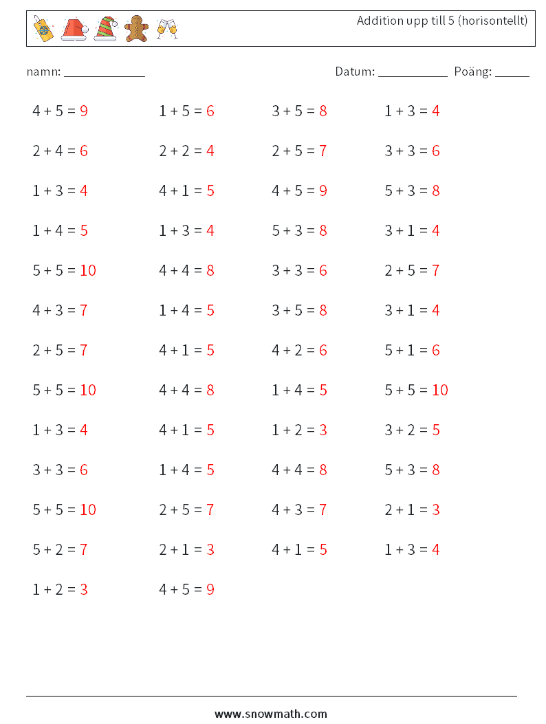 (50) Addition upp till 5 (horisontellt) Matematiska arbetsblad 7 Fråga, svar