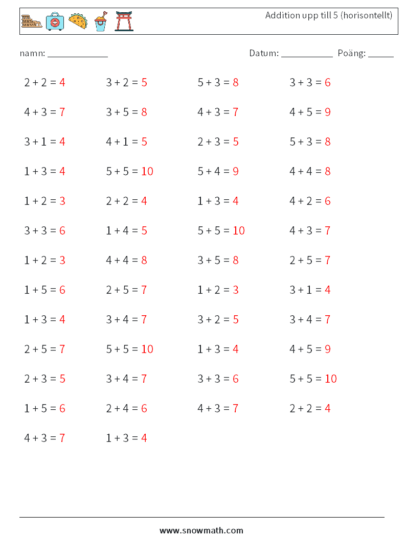 (50) Addition upp till 5 (horisontellt) Matematiska arbetsblad 8 Fråga, svar
