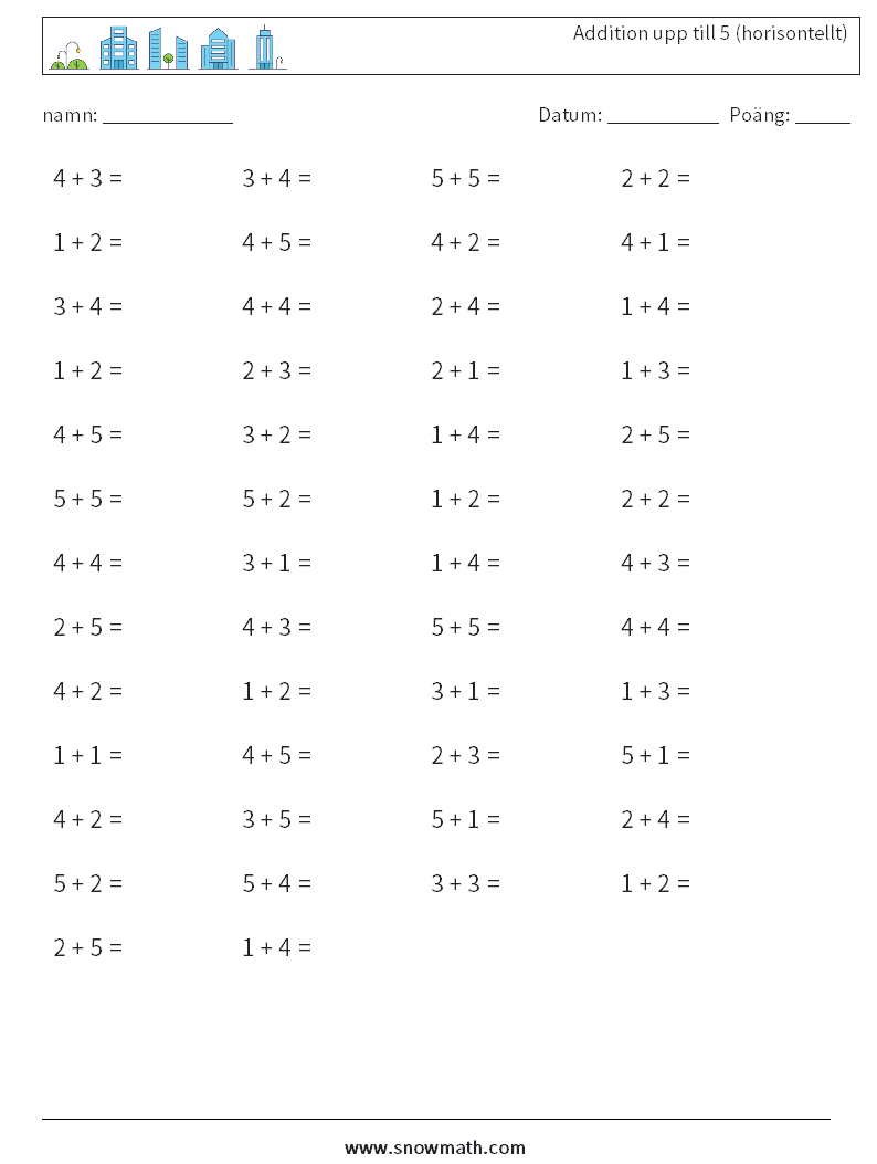 (50) Addition upp till 5 (horisontellt) Matematiska arbetsblad 9
