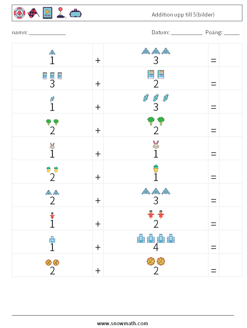 Addition upp till 5(bilder) Matematiska arbetsblad 1