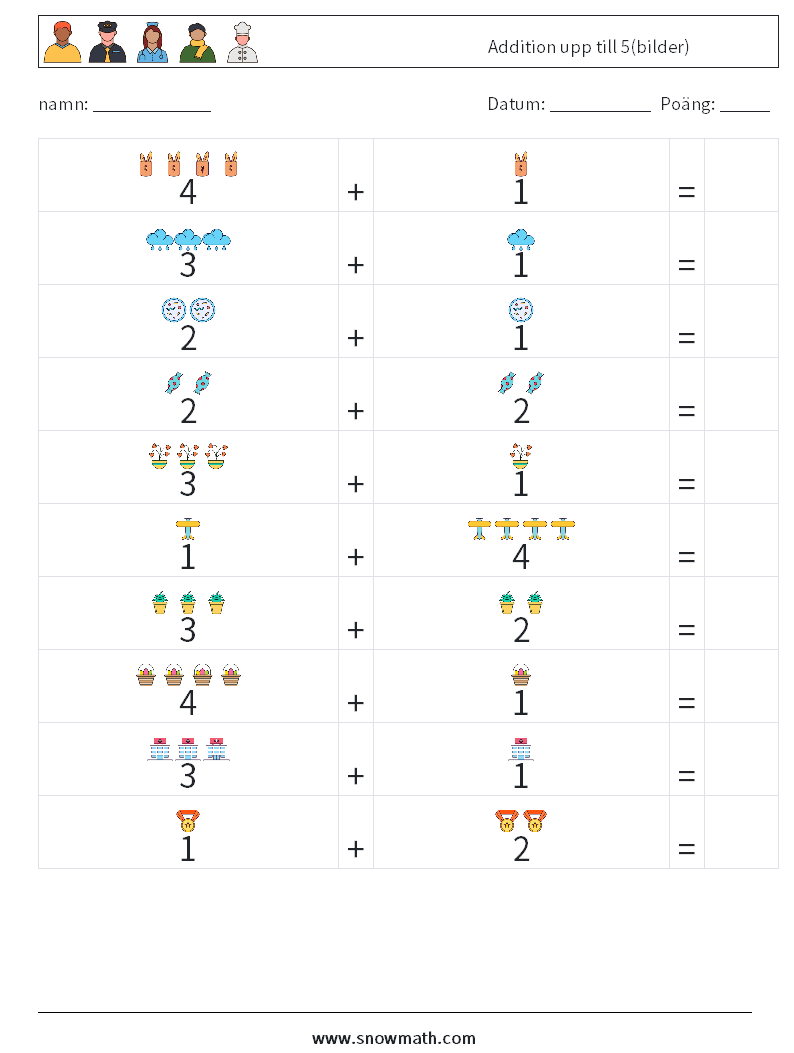 Addition upp till 5(bilder) Matematiska arbetsblad 10