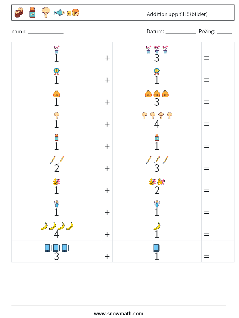 Addition upp till 5(bilder) Matematiska arbetsblad 11