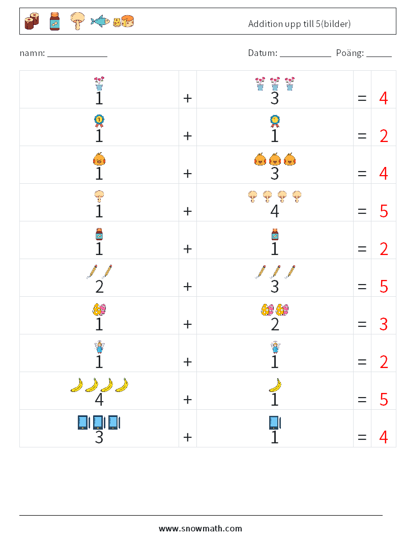 Addition upp till 5(bilder) Matematiska arbetsblad 11 Fråga, svar