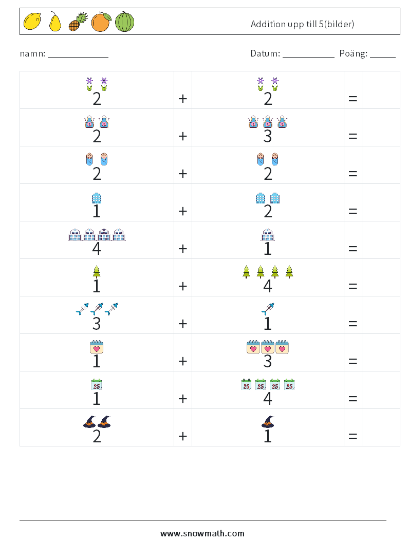 Addition upp till 5(bilder) Matematiska arbetsblad 12