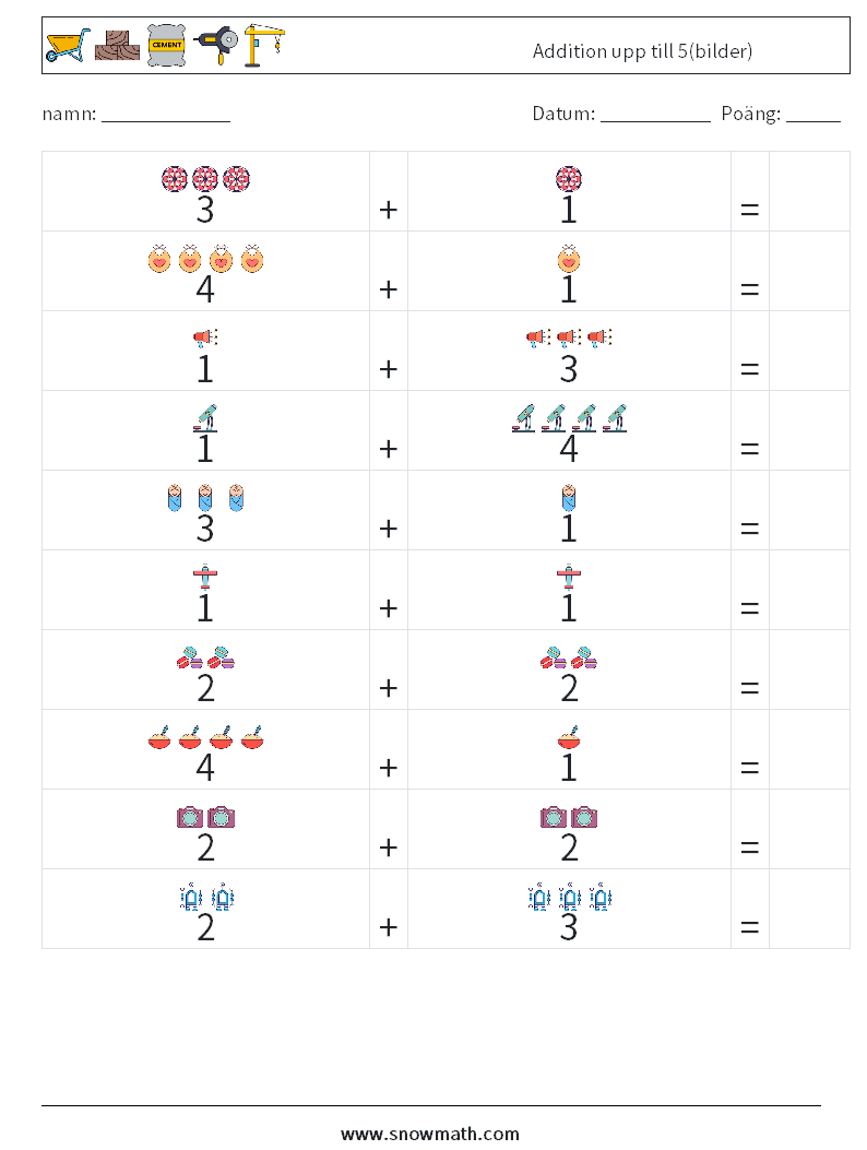 Addition upp till 5(bilder) Matematiska arbetsblad 13