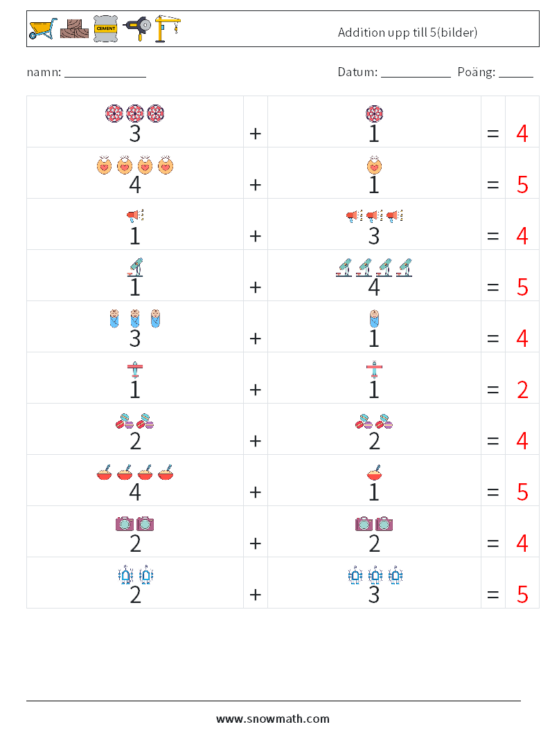 Addition upp till 5(bilder) Matematiska arbetsblad 13 Fråga, svar