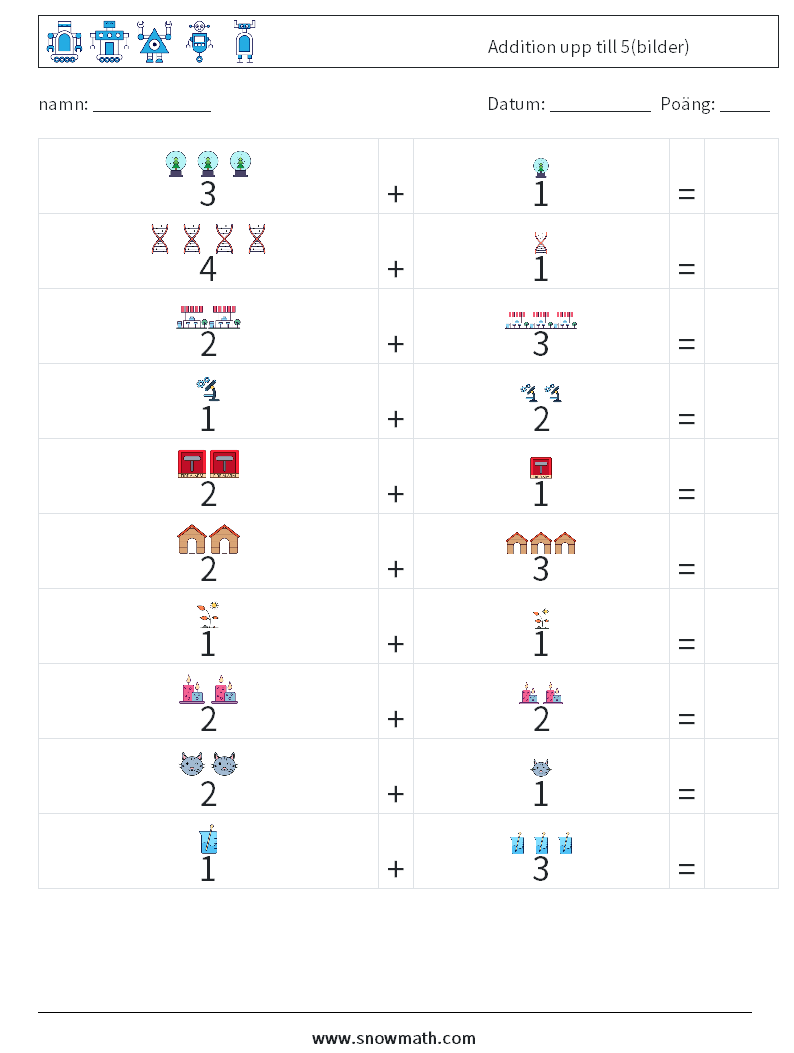 Addition upp till 5(bilder) Matematiska arbetsblad 14