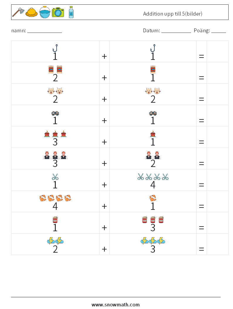 Addition upp till 5(bilder) Matematiska arbetsblad 15