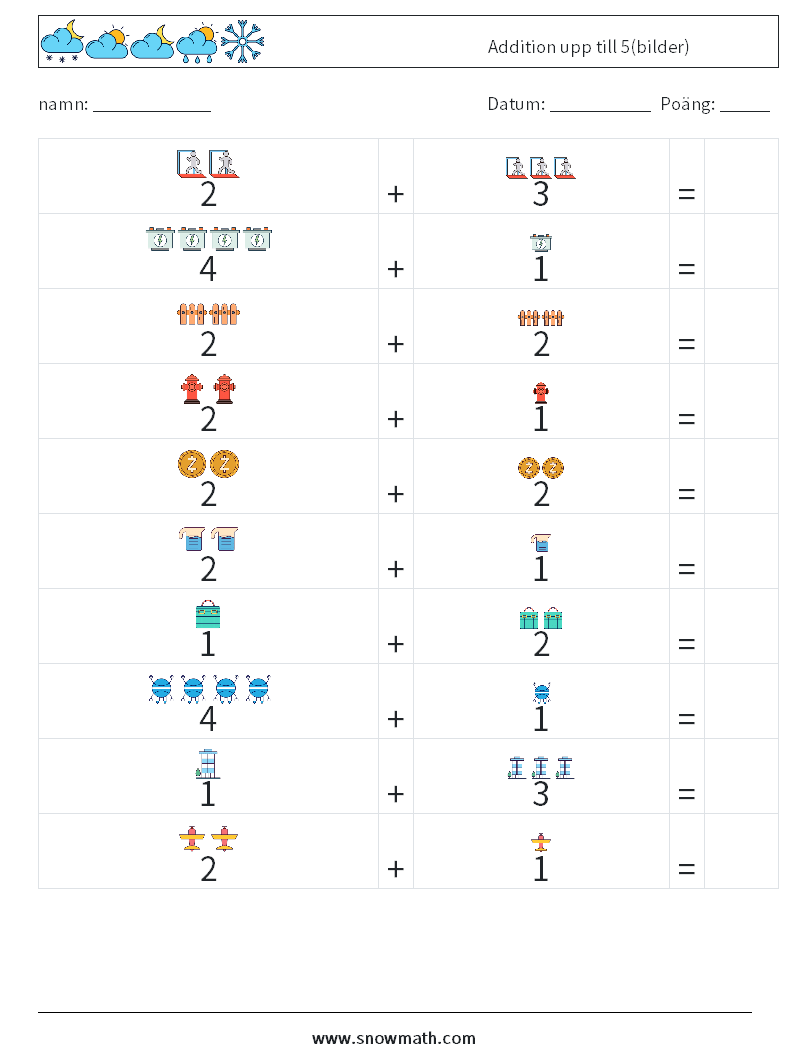 Addition upp till 5(bilder) Matematiska arbetsblad 16