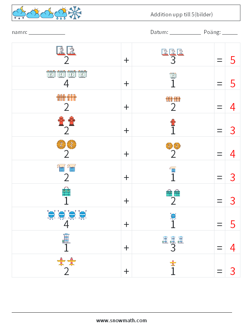 Addition upp till 5(bilder) Matematiska arbetsblad 16 Fråga, svar