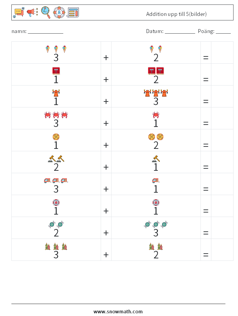 Addition upp till 5(bilder) Matematiska arbetsblad 17