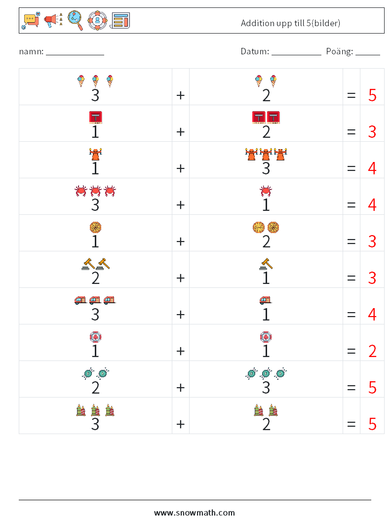 Addition upp till 5(bilder) Matematiska arbetsblad 17 Fråga, svar