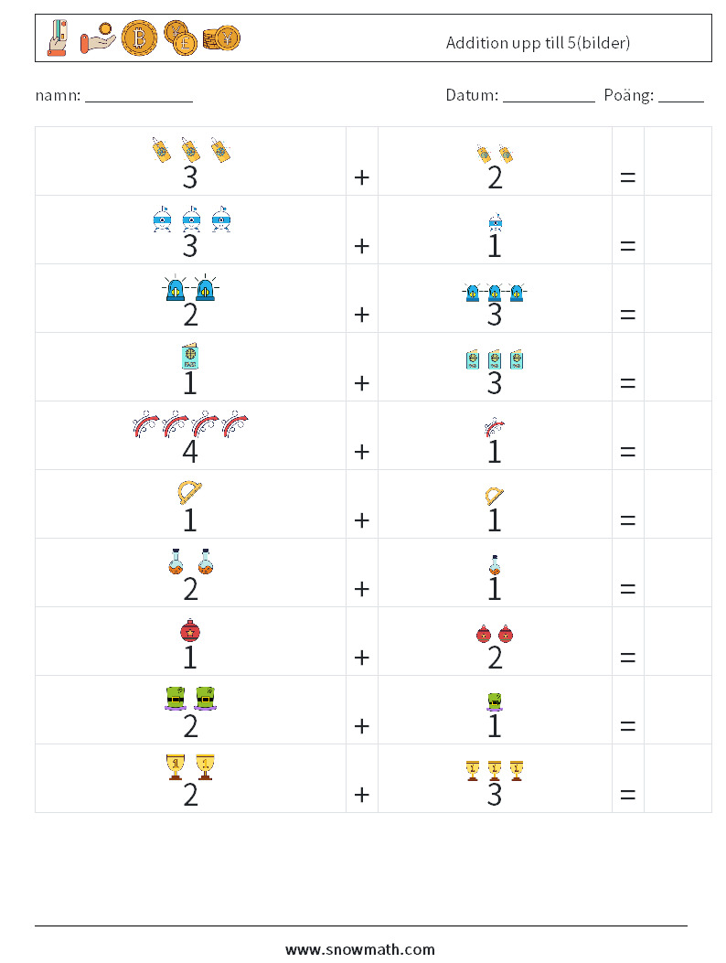 Addition upp till 5(bilder) Matematiska arbetsblad 18