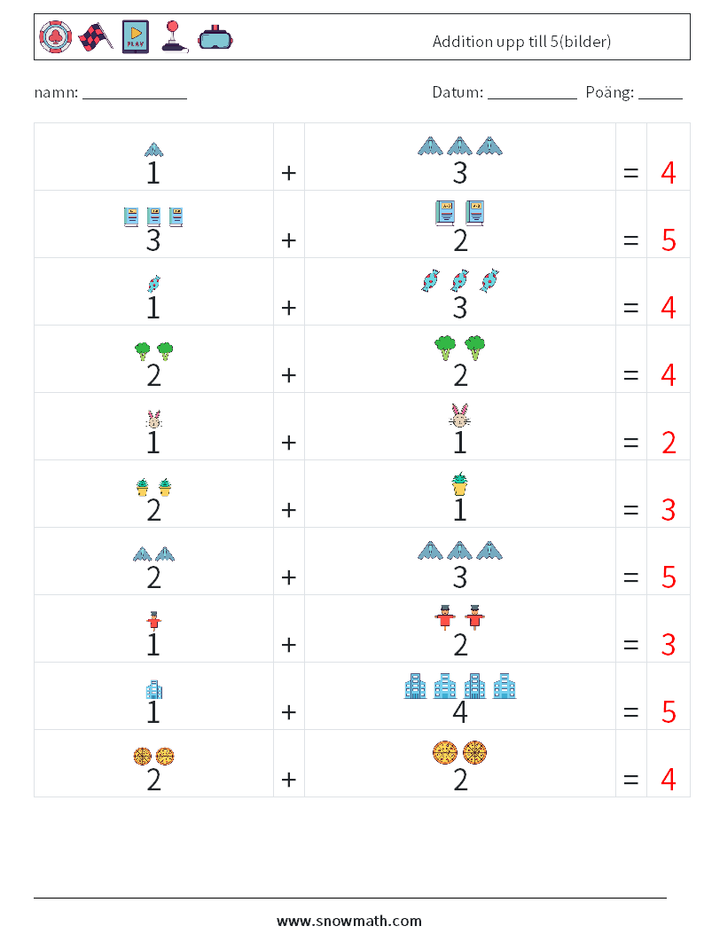 Addition upp till 5(bilder) Matematiska arbetsblad 1 Fråga, svar