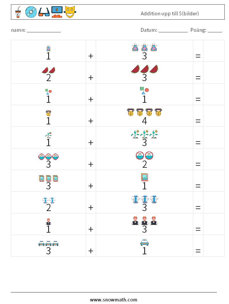 Addition upp till 5(bilder) Matematiska arbetsblad 2