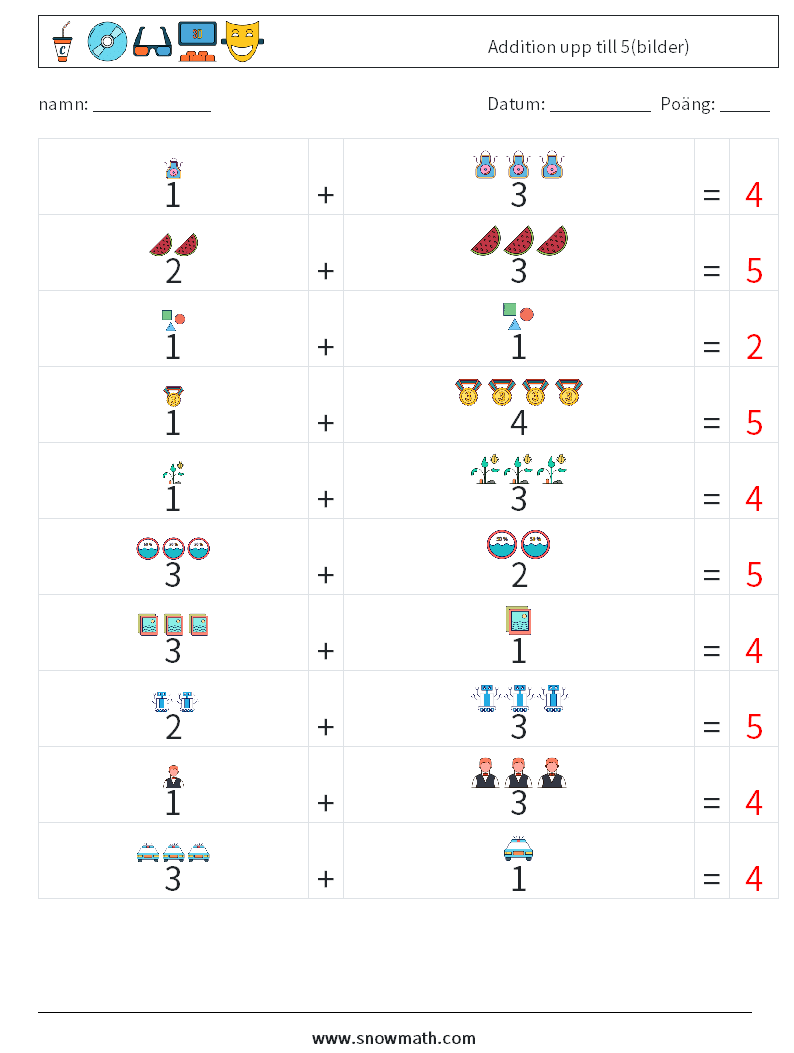 Addition upp till 5(bilder) Matematiska arbetsblad 2 Fråga, svar