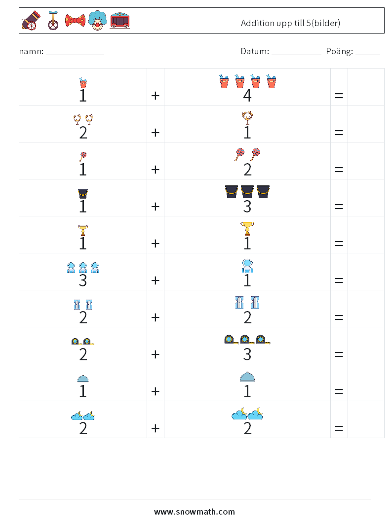 Addition upp till 5(bilder) Matematiska arbetsblad 3