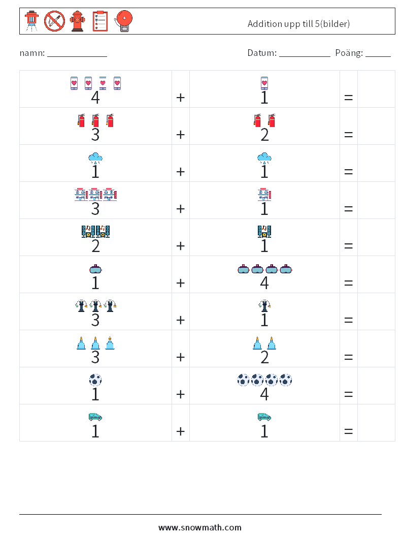 Addition upp till 5(bilder) Matematiska arbetsblad 4