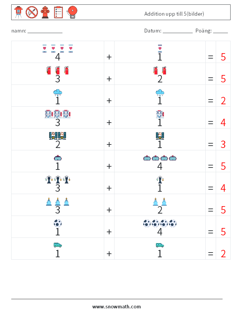 Addition upp till 5(bilder) Matematiska arbetsblad 4 Fråga, svar